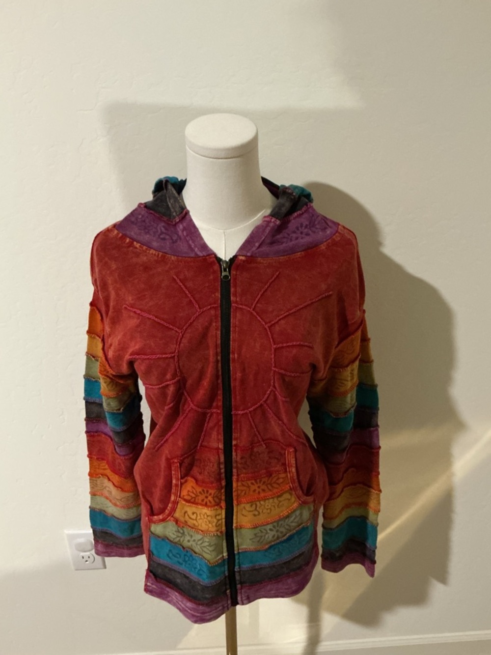 Multicolor Hooded Zip Front Jacket - Red with Rainbow Stripes